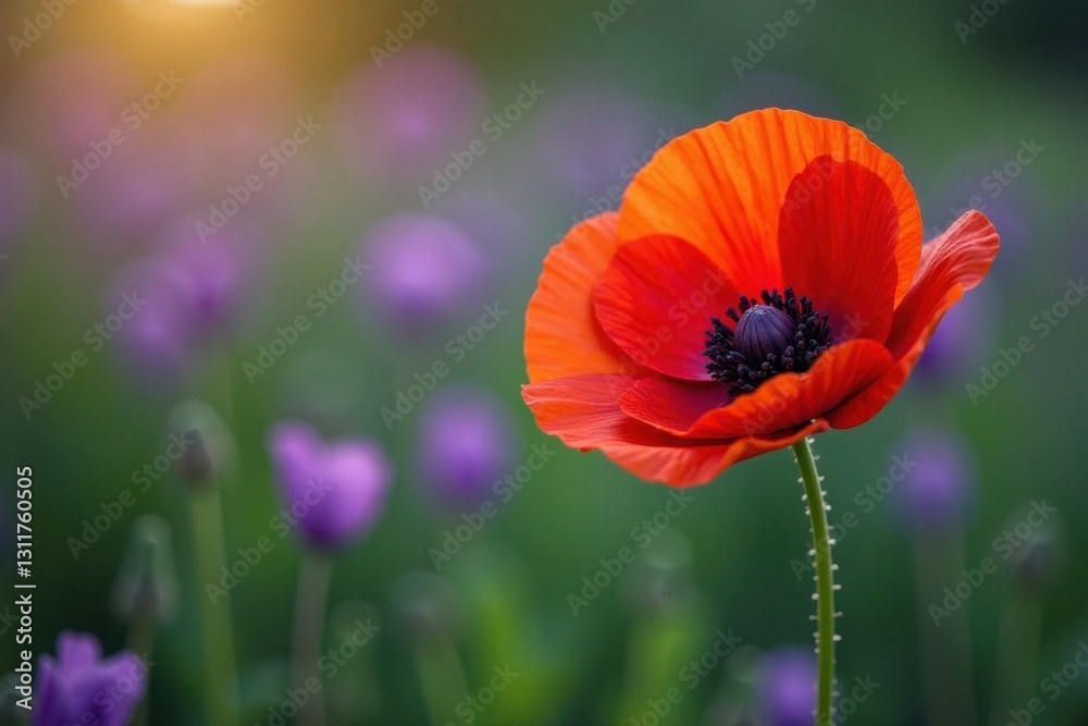 Single red poppy, vibrant against purple blooms , flowers, detail, macro Single red poppy, vibrant against purple blooms , flowers, detail, macro