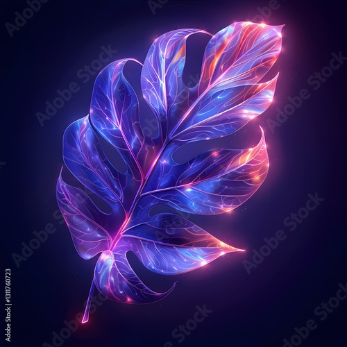 Geometric palm leaf icon with neon gradient from cyan to magenta, translucent acrylic material, glowing edges, and chromatic aberration, glitch art effect. Modern abstract design, vibrant color scheme