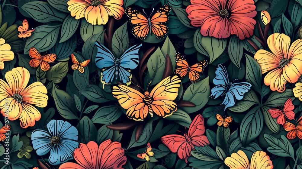 magical spring background with randomly placed flowers and butterflies magical spring background with randomly placed flowers and butterflies