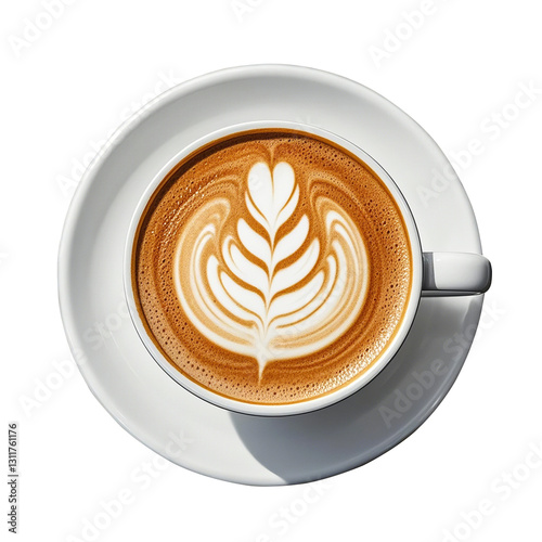 Coffee cup with latte art on a saucer viewed from above. Isolated on transparent background