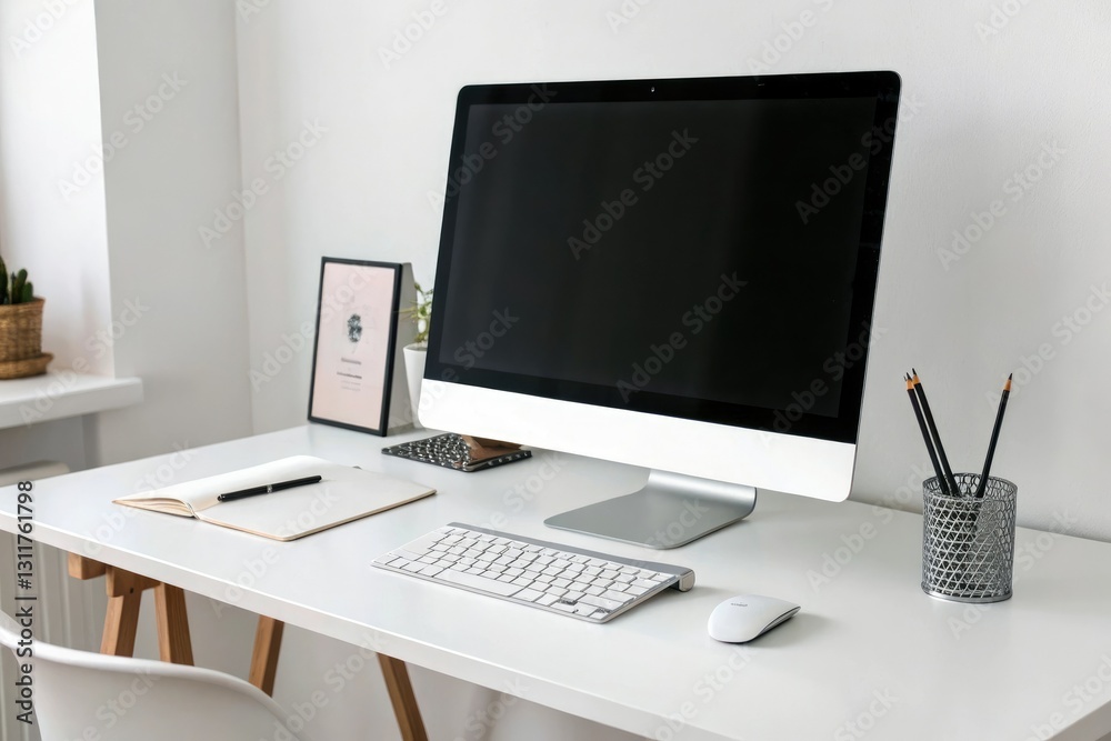 Fototapeta premium Minimalist Modern Computer on White Desk, simplicity, desk, organization