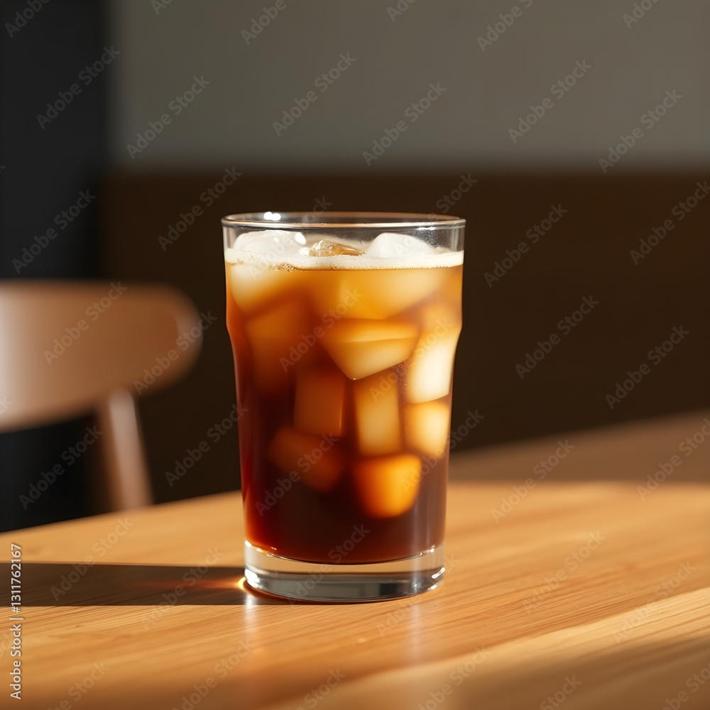 iced coffee in a clear glass with ice cubes placed on a modern wooden table in a cafe iced coffee in a clear glass with ice cubes placed on a modern wooden table in a cafe