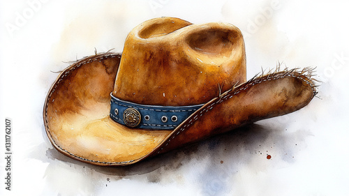 American watercolor drawing of a cowboy hat on a white background.