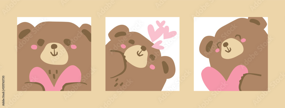 Obraz premium Valentine's Day square cards. Sticker set with Cute Brown Bears