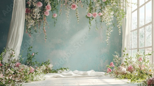 Floral Paradise: A Dreamy Room Setting with Hanging Flowers and Sheer Curtains