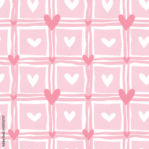 Monochrome pink seamless pattern with hearts. Naive style Rough checkered background