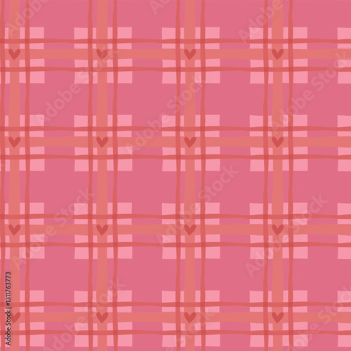 Scottish traditional pink tartan pattern with hearts for fabric and textile printing, wallpaper, background and wrapping paper.