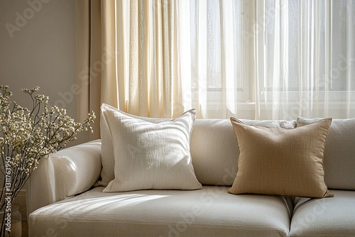 Minimalist Interior Design This is a close-up shot of the sofa and cushion in the living room. Generative AI
