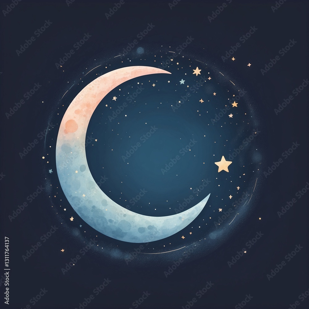 Naklejka premium Magical crescent moon and stars illustration on dark sky
