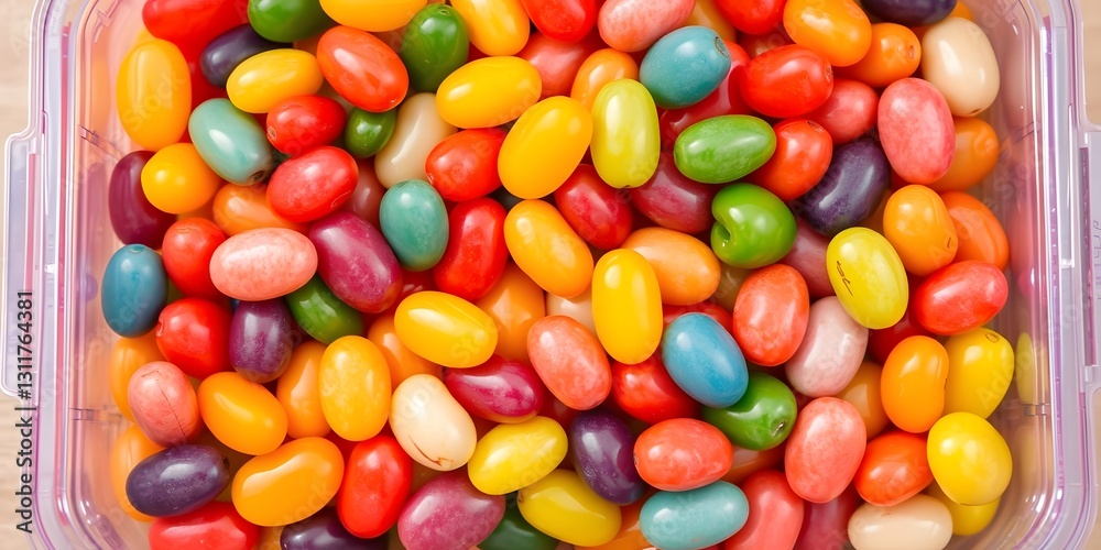 A Transparent Plastic Box Filled with a Colorful Mix of Jelly Beans in All Flavors A Transparent Plastic Box Filled with a Colorful Mix of Jelly Beans in All Flavors
