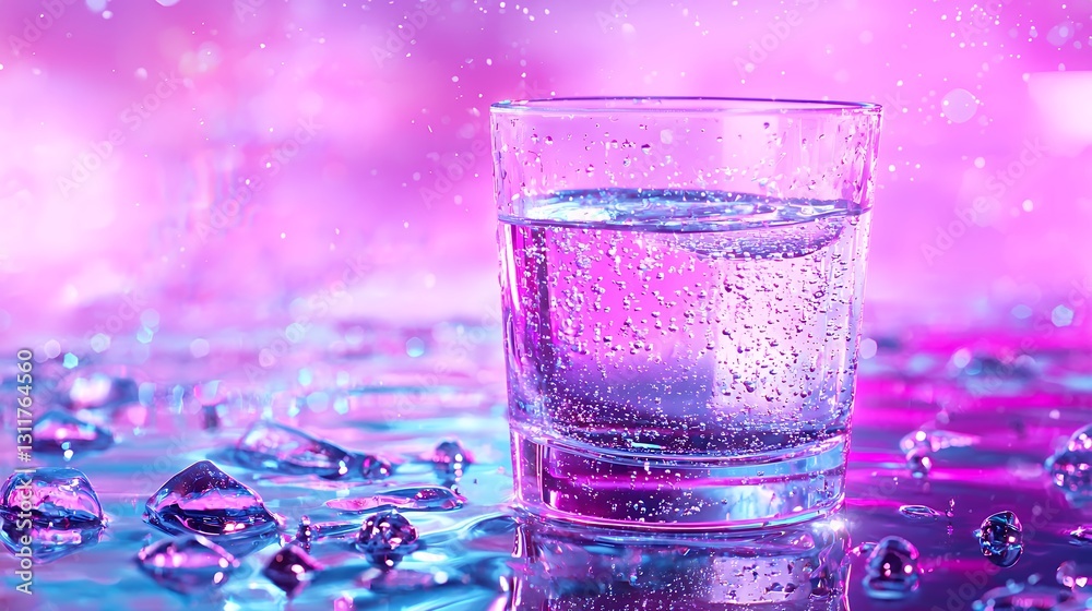 Closeup of Sparkling Water in Glass with Pink and Blue Neon Lighting Closeup of Sparkling Water in Glass with Pink and Blue Neon Lighting
