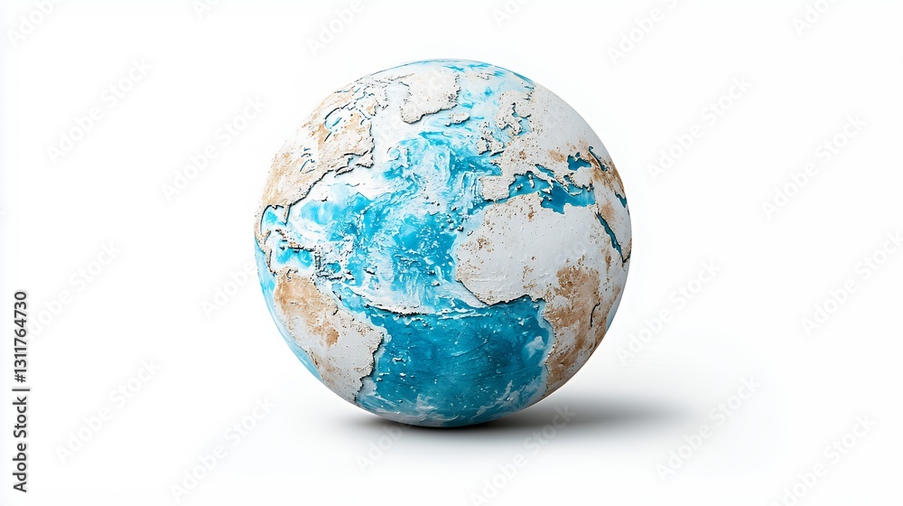 Fototapeta premium Stylized Earth Globe Blue Oceans and Textured Continents on White Background