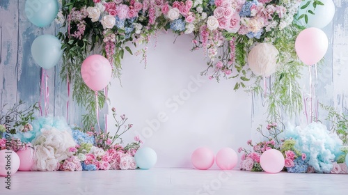 Pastel Floral Dreamland: A Whimsical Balloon and Flower Backdrop