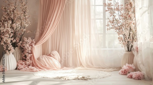 Serene Pink Studio with Blossoms and Sheer Curtains: A Dreamy Photoshoot Backdrop