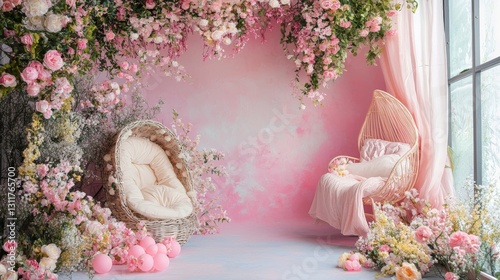 Pink Floral Dreamland: A Whimsical Setting with Hanging Flowers and Cozy Wicker Chairs