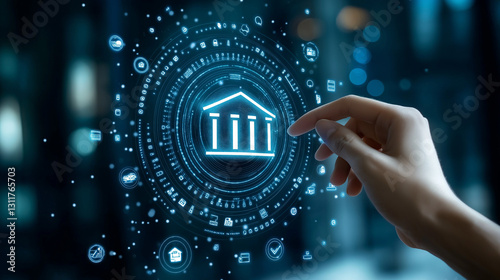 Hand Engaging with Digital Banking Icon on Blue-Tinted Interface, Amidst Array of App Icons