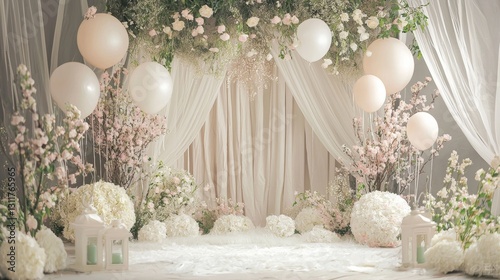 Elegant Wedding Backdrop: Dreamy Floral and Balloon Decor