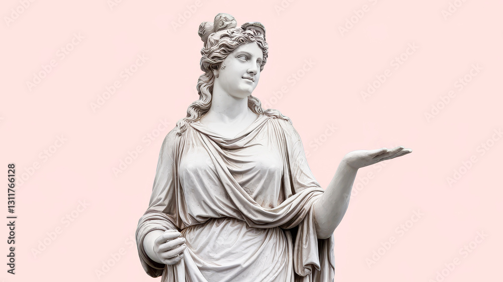 Classical Greek goddess with refined features holds gift in palm, gazing thoughtfully. Gift symbolizes wisdom, value, and exclusivity, creating elegant concept for branding or storytelling. Classical Greek goddess with refined features holds gift in palm, gazing thoughtfully. Gift symbolizes wisdom, value, and exclusivity, creating elegant concept for branding or storytelling.