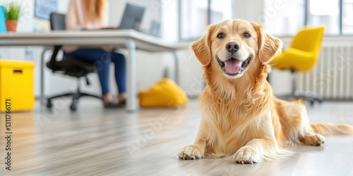 Pet-friendly workspace concept. A cheerful golden retriever lies on the floor of a modern office, creating a warm and friendly atmosphere.