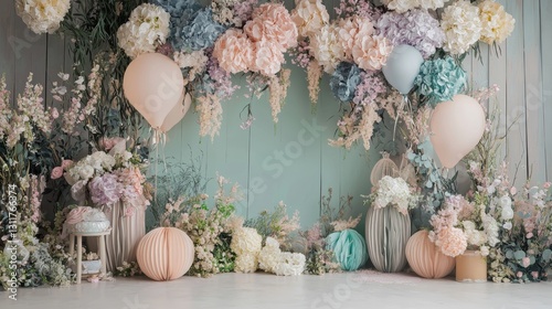 Pastel Floral Backdrop with Balloons: A Dreamy Setup for Photoshoots