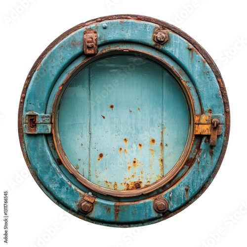 Old turquoise porthole of a ship. Isolated on transparent background.