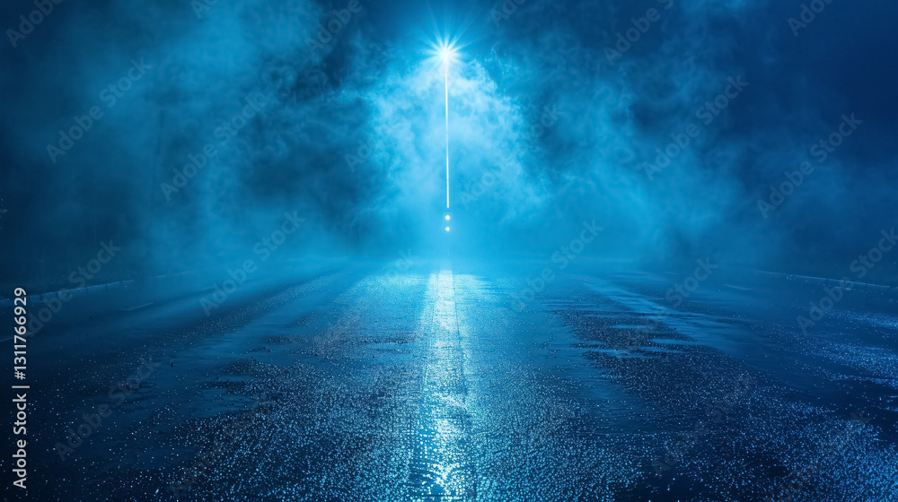 Fototapeta premium Dark blue background depicting an empty, foggy street with wet asphalt, illuminated by a searchlight, laser beams, and smoke, creating a mysterious atmosphere.