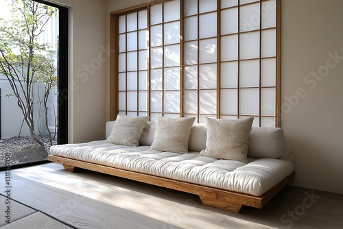 Modern japandi interior design of a living room with plaid windows and a sofa. Generative AI
