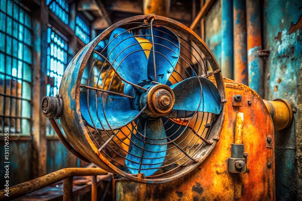 Obraz premium Vintage Industrial Fan, Blue & Orange, Urban Exploration Photography