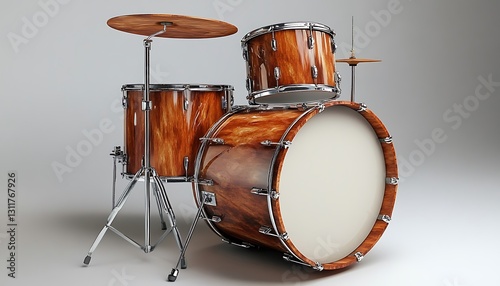 Wooden drum kit on white background.