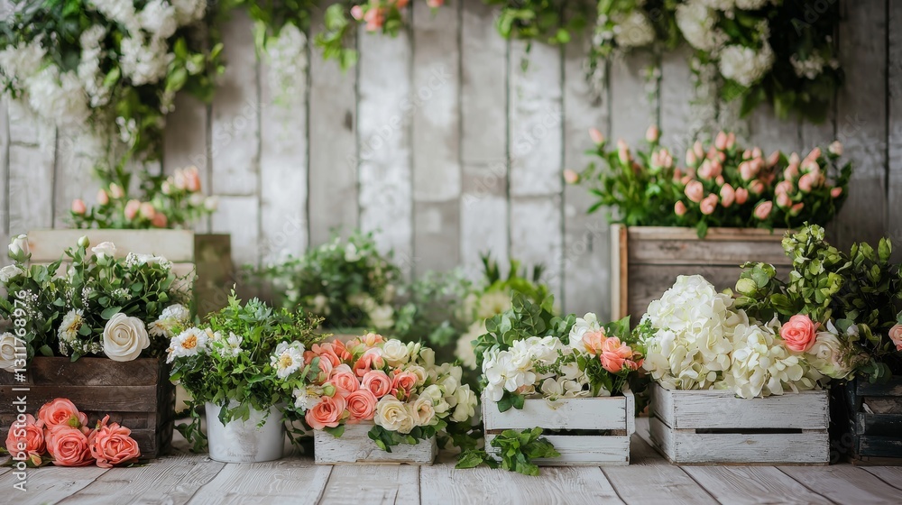 Fototapeta premium Floral Arrangement in Rustic Wooden Boxes, Spring Flowers in White and Peach Tones Against a Weathered Wooden Background.