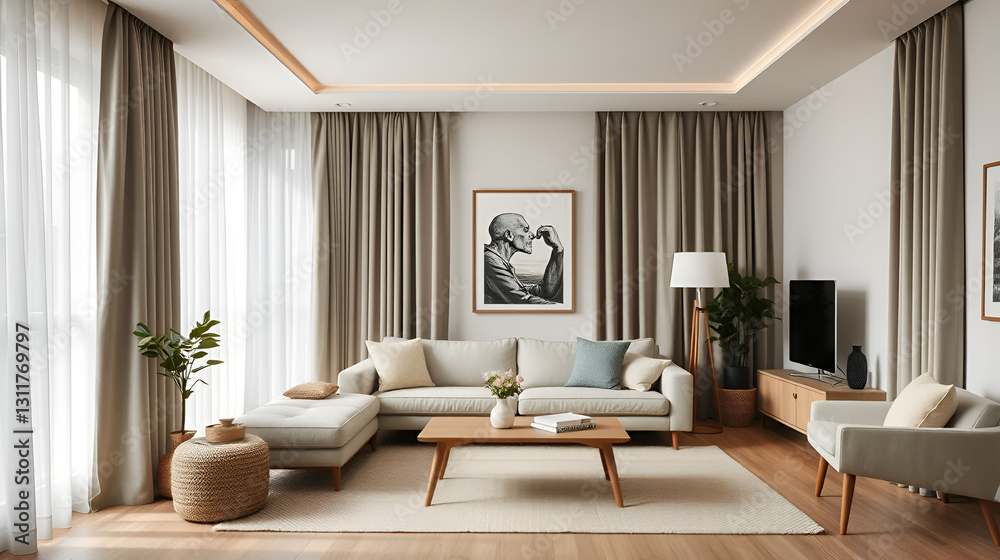 Fototapeta premium Capturing the unique blend of functionality and style in a living room adorned with dimout curtains and minimalist scandinavian furniture.