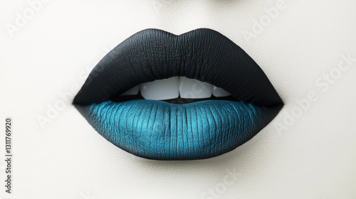 A close-up of bold black and metallic teal lips on a smooth white background, showcasing an artistic makeup style.