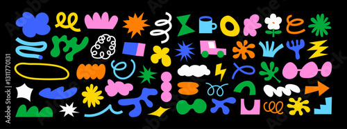Big set of doodle vector elements. Collection of abstract and naive shapes. Colorful hand drawings. Isolated childish icons.