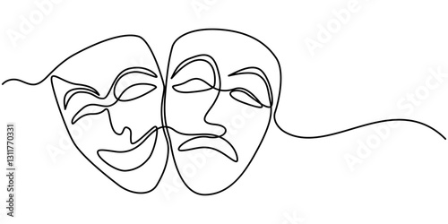 theater mask tragedy and humor oneline continuous line art, Theater mask tragedy and humor one line continuous line art. Character mask sketch. Smiling face and crying face outline vector illustration