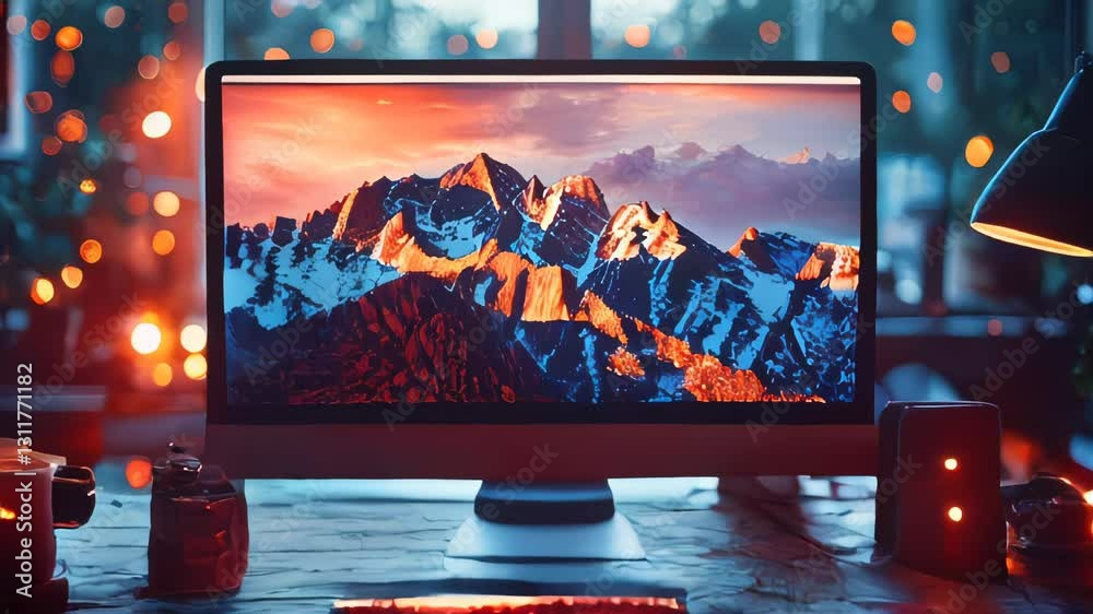 Cozy workspace with a glowing computer screen displaying a scenic mountain landscape, surrounded by warm lighting and desk accessories