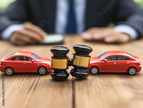 Cars, gavel, and lawyer. Dispute settled in court