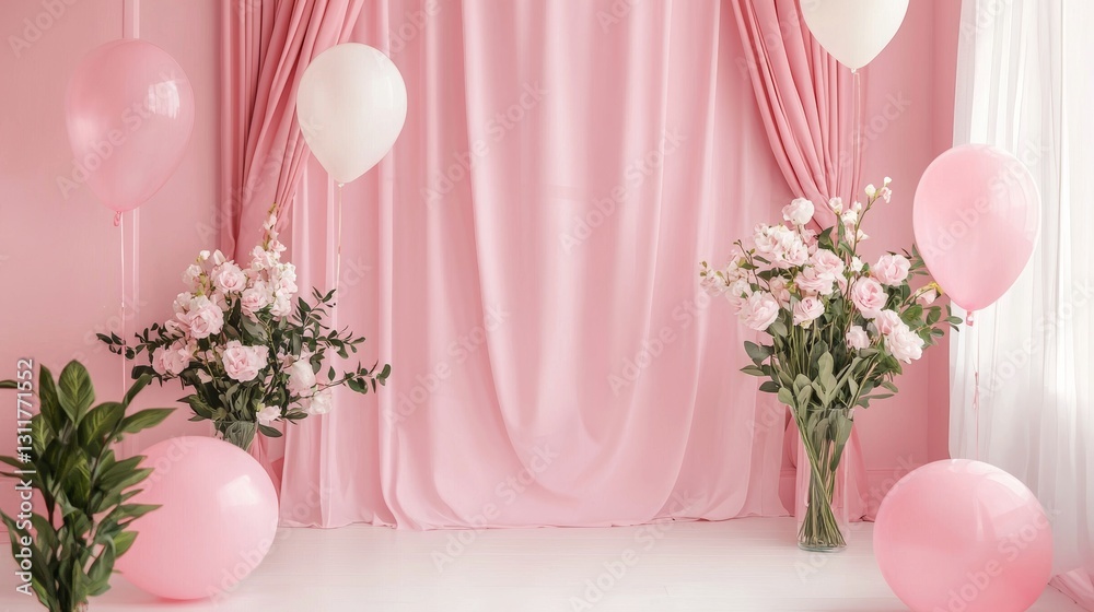 Pink Party Background with Balloons and Flowers Pink Party Background with Balloons and Flowers