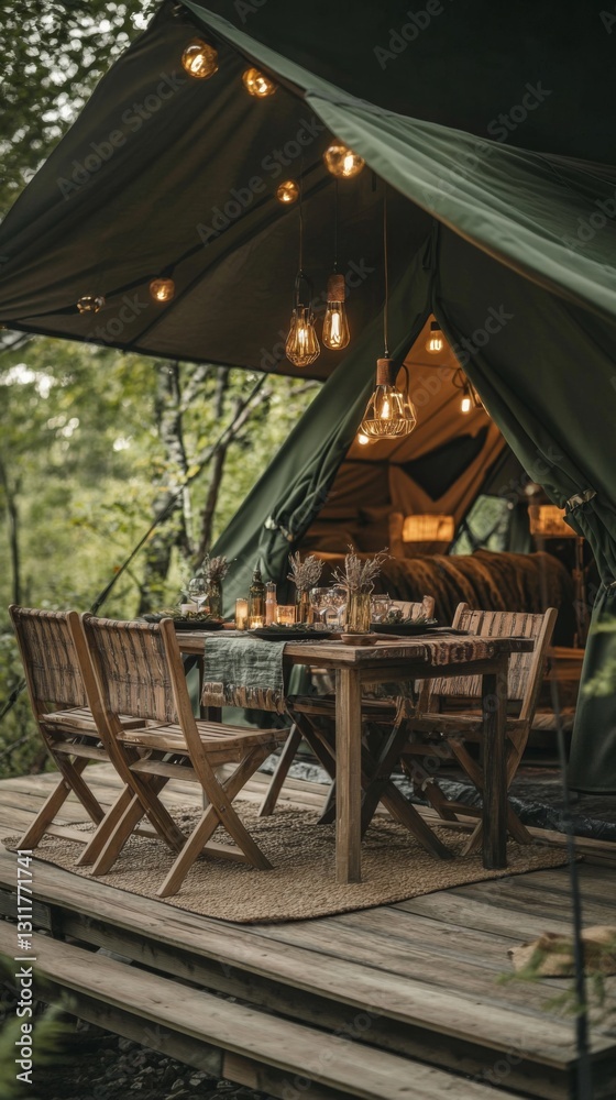 Fototapeta premium Cozy glamping setup in a lush forest. Beautifully decorated tent with warm lighting invites relaxation. Enjoy nature while indulging in comfort. Generative AI