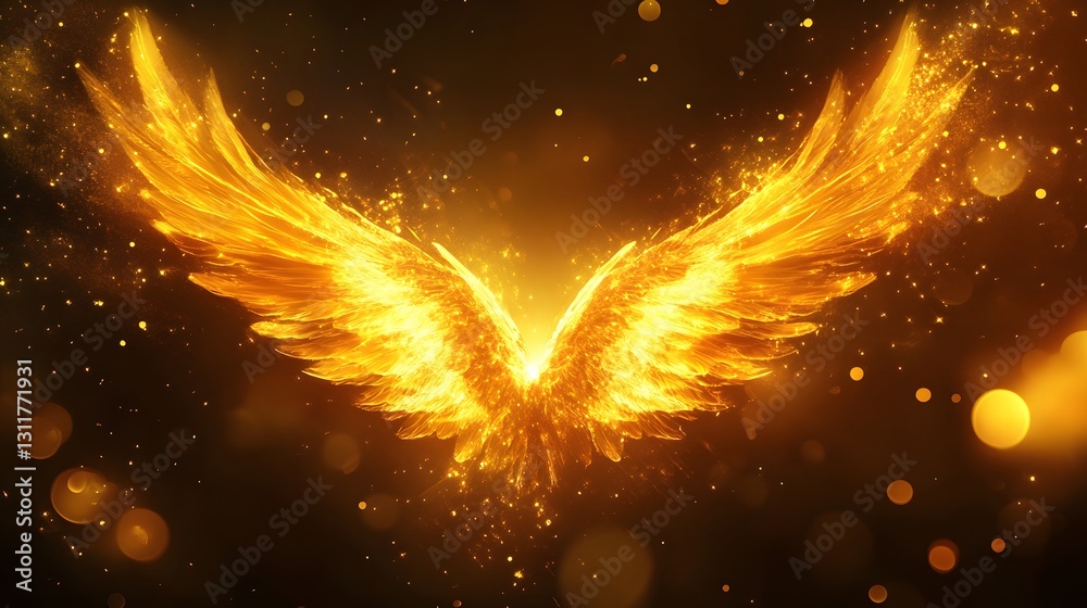 Fototapeta premium Fiery Golden Wings Spread in Dark Ambiance