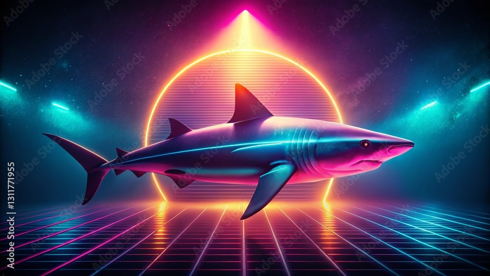 Obraz premium Vintage Neon Shark: Retro Style Ocean Predator Stock Photo