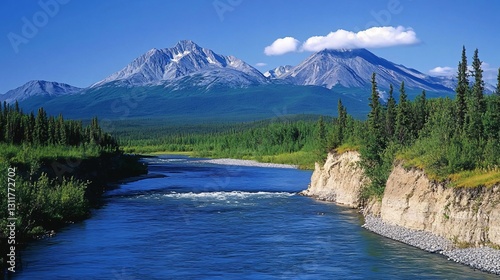 Majestic River Flowing Near Mountains