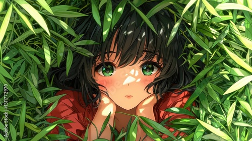 Girl Hiding in Lush Green Bamboo photo