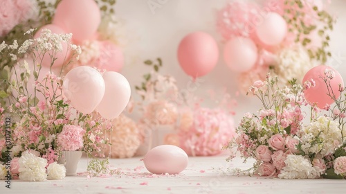 Pastel Pink Dreamland: A Whimsical Balloon and Flower Setup