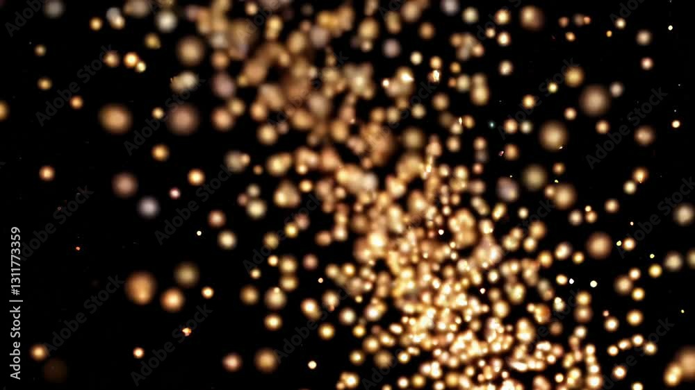 Golden bokeh particles floating in motion against a dark background, concept of glamour and celebration Golden bokeh particles floating in motion against a dark background, concept of glamour and celebration