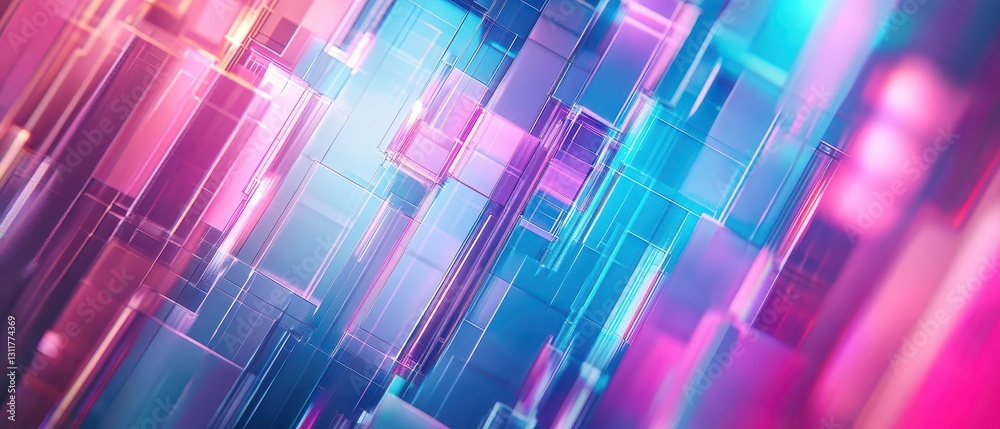 Iridescent abstract geometric panels overlapping, creating a multidimensional and futuristic effect