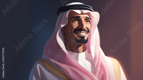 A flat illustration of a Saudi Arabian man wearing a white thobe and pink ghutra.

