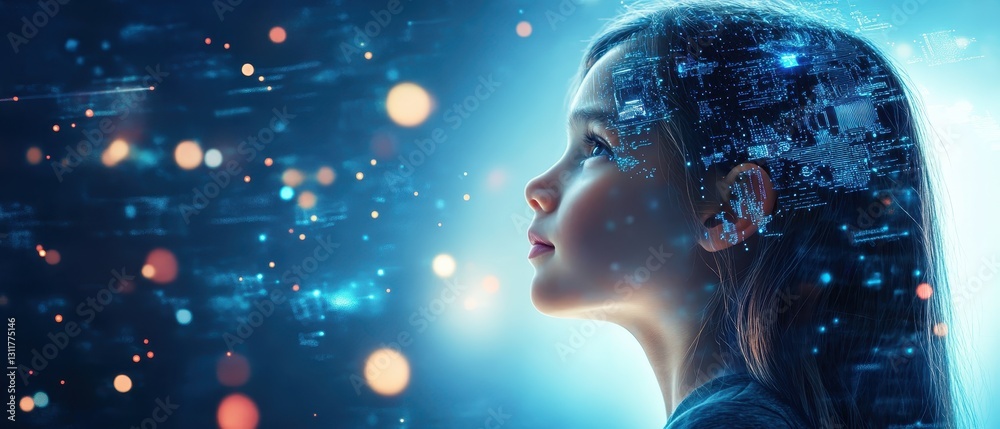 Young Girl Envisioning Technology with Digital Elements in Background Young Girl Envisioning Technology with Digital Elements in Background