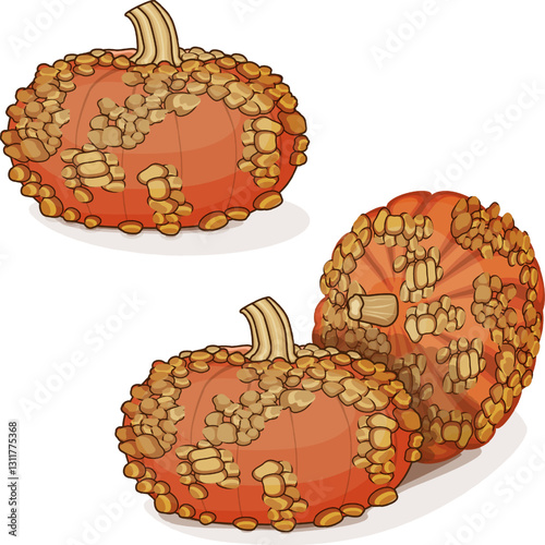Group of Galeux de Eysines Squash or French Warted Pumpkin. Winter squash. Cucurbita maxima. Vegetables. Clip art. Isolated vector illustration.