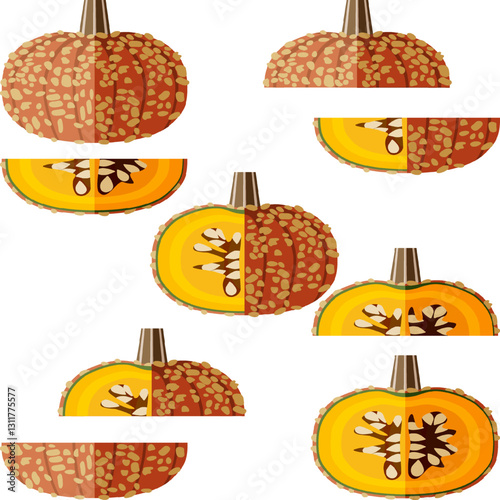 Set of Galeux de Eysines Squash or French Warted Pumpkin. Winter squash. Cucurbita maxima. Vegetables. Flat style. Isolated vector illustration.
