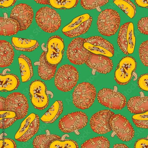 Seamless pattern with Galeux de Eysines Squash or French Warted Pumpkin. Winter squash. Cucurbita maxima. Vegetables. Isolated vector illustration.